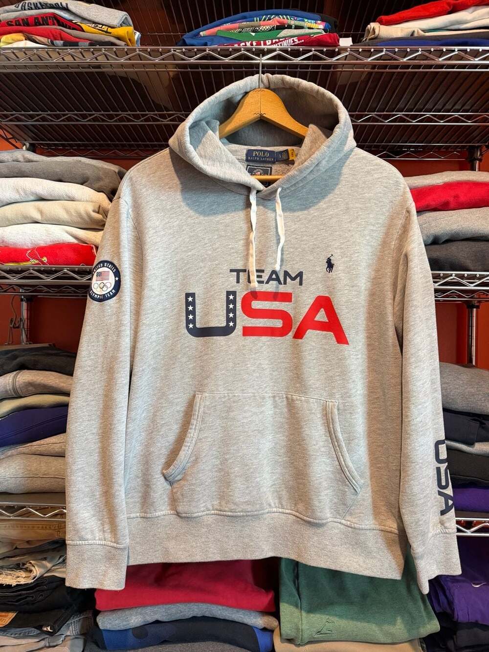 Polo Ralph Lauren Team USA Olympic Hoodie Size Large Grey Fleece Pullover